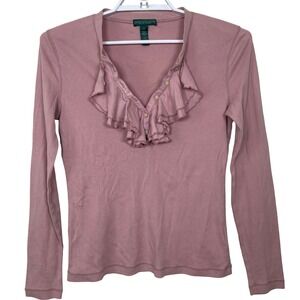 Lauren Ralph Lauren Pink Ruffle‎ Henley Long Sleeve Top S Thermal Y2K Preppy